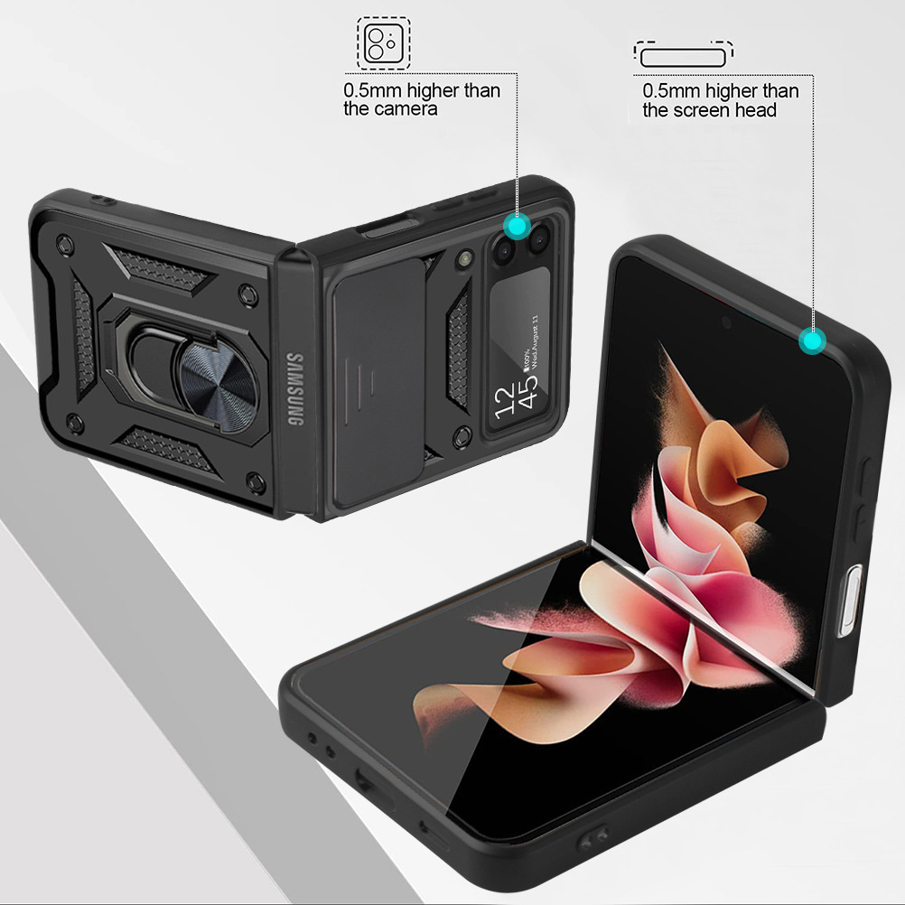 Compatible with Samsung Z Flip 7/6/5 phone case, magnetic ring holder, 4/3-inch sliding lens folding screen protective case