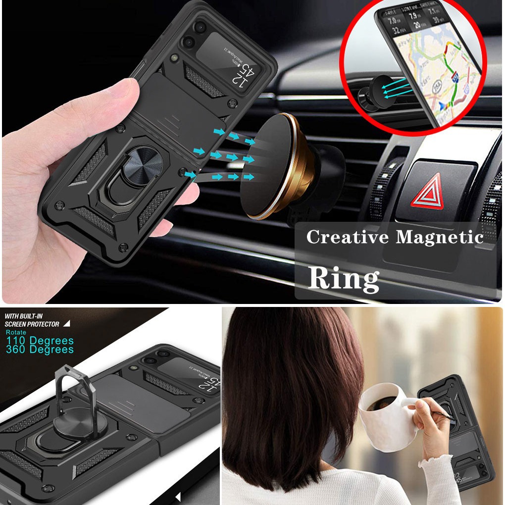Compatible with Samsung Z Flip 7/6/5 phone case, magnetic ring holder, 4/3-inch sliding lens folding screen protective case