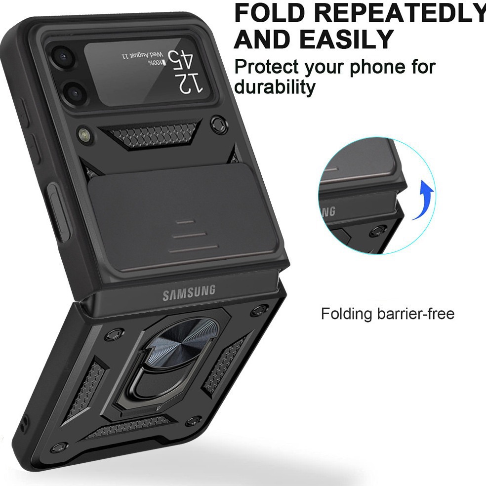 Compatible with Samsung Z Flip 7/6/5 phone case, magnetic ring holder, 4/3-inch sliding lens folding screen protective case