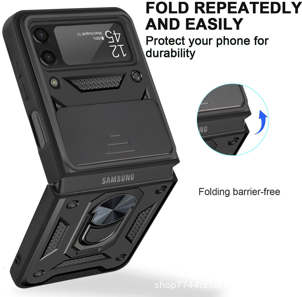 Compatible with Samsung Z Flip 7/6/5 phone case, magnetic ring holder, 4/3-inch sliding lens folding screen protective case