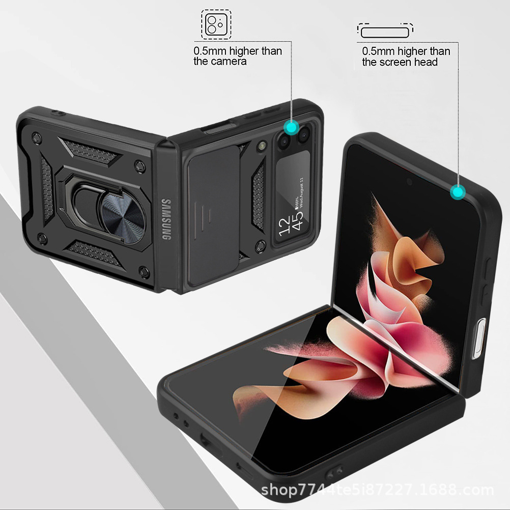 Compatible with Samsung Z Flip 7/6/5 phone case, magnetic ring holder, 4/3-inch sliding lens folding screen protective case