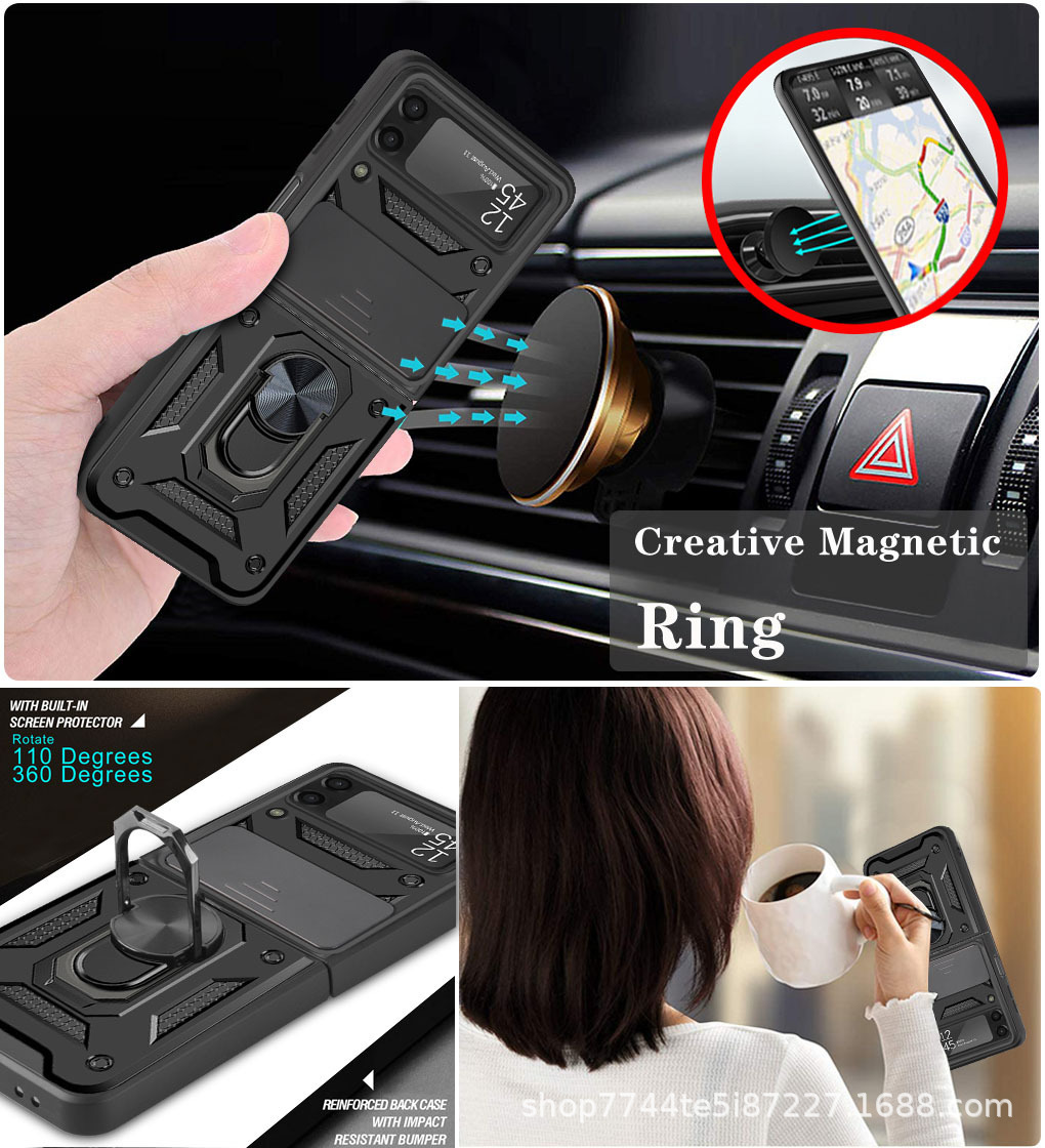 Compatible with Samsung Z Flip 7/6/5 phone case, magnetic ring holder, 4/3-inch sliding lens folding screen protective case