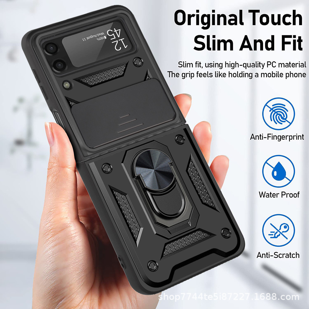 Compatible with Samsung Z Flip 7/6/5 phone case, magnetic ring holder, 4/3-inch sliding lens folding screen protective case