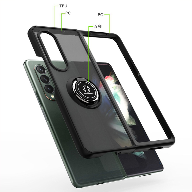 Compatible with Samsung Z Fold7/6/5 phone case, 4/3 ring holder, frosted semi-transparent folding screen, drop-proof protective case