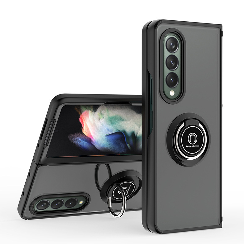 Compatible with Samsung Z Fold7/6/5 phone case, 4/3 ring holder, frosted semi-transparent folding screen, drop-proof protective case