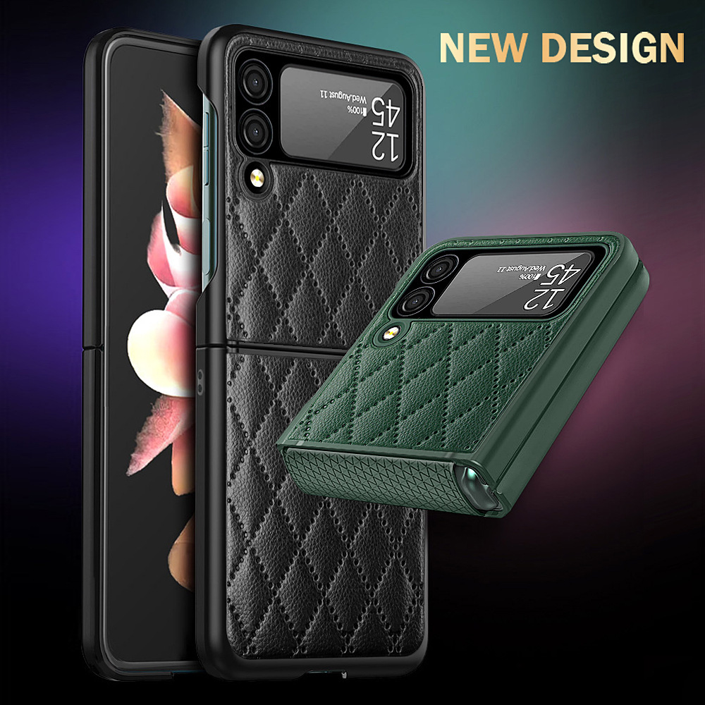 Compatible with Samsung Z Flip 7/6/5 phone case, 4/3 vegan leather, diamond pattern, Chanel-style hinge case, full-coverage protective case.