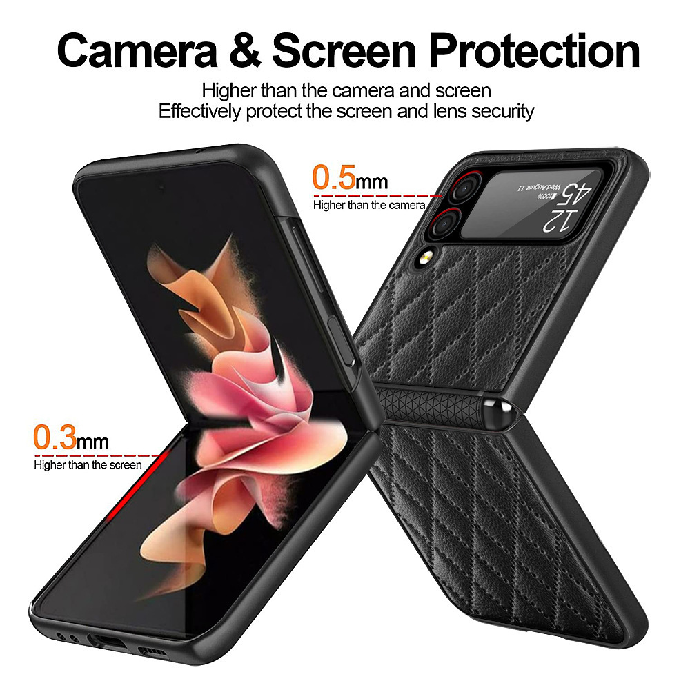 Compatible with Samsung Z Flip 7/6/5 phone case, 4/3 vegan leather, diamond pattern, Chanel-style hinge case, full-coverage protective case.