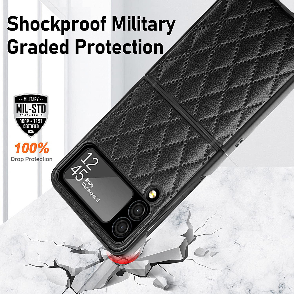 Compatible with Samsung Z Flip 7/6/5 phone case, 4/3 vegan leather, diamond pattern, Chanel-style hinge case, full-coverage protective case.