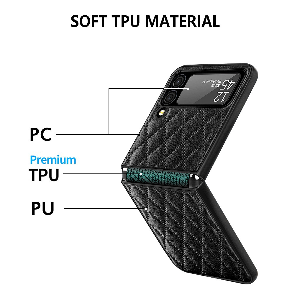 Compatible with Samsung Z Flip 7/6/5 phone case, 4/3 vegan leather, diamond pattern, Chanel-style hinge case, full-coverage protective case.
