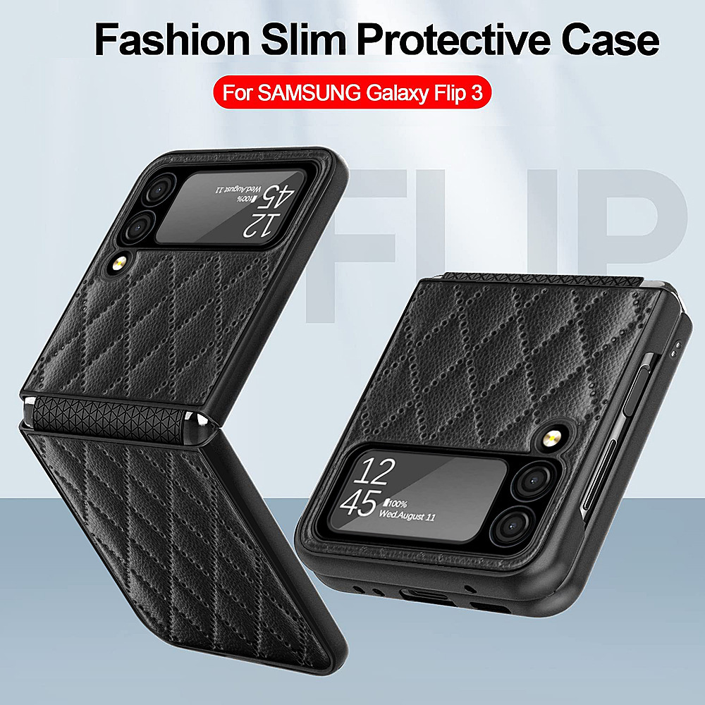 Compatible with Samsung Z Flip 7/6/5 phone case, 4/3 vegan leather, diamond pattern, Chanel-style hinge case, full-coverage protective case.