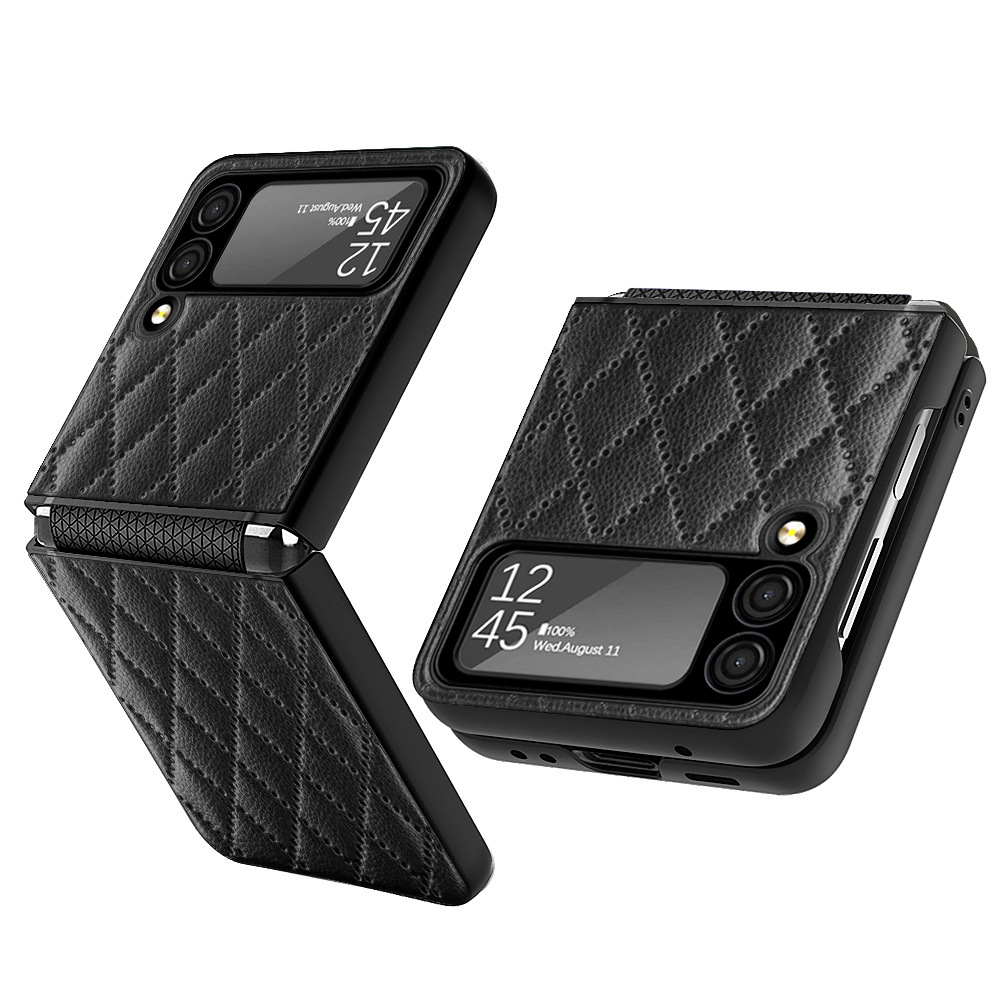 Compatible with Samsung Z Flip 7/6/5 phone case, 4/3 vegan leather, diamond pattern, Chanel-style hinge case, full-coverage protective case.