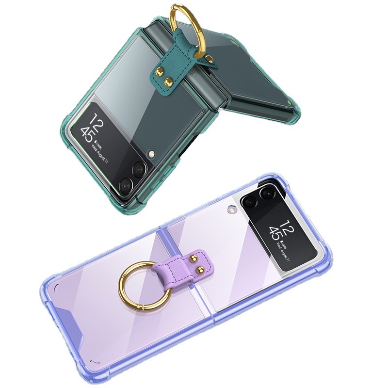 Compatible with Samsung Z Flip 4/3 phone case, 5/6 ring, ultra-thin folding transparent minimalist airbag drop-proof protective case