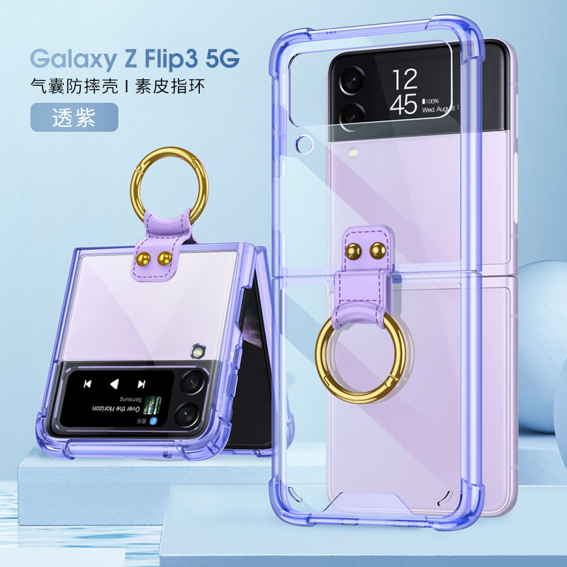 Compatible with Samsung Z Flip 4/3 phone case, 5/6 ring, ultra-thin folding transparent minimalist airbag drop-proof protective case