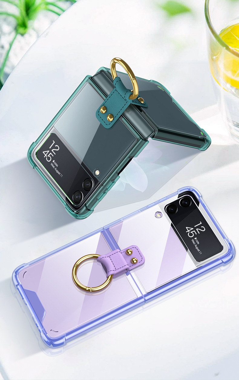 Compatible with Samsung Z Flip 4/3 phone case, 5/6 ring, ultra-thin folding transparent minimalist airbag drop-proof protective case