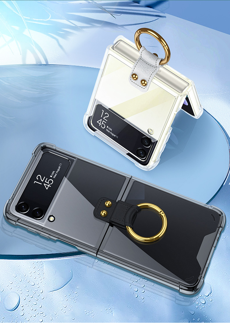 Compatible with Samsung Z Flip 4/3 phone case, 5/6 ring, ultra-thin folding transparent minimalist airbag drop-proof protective case