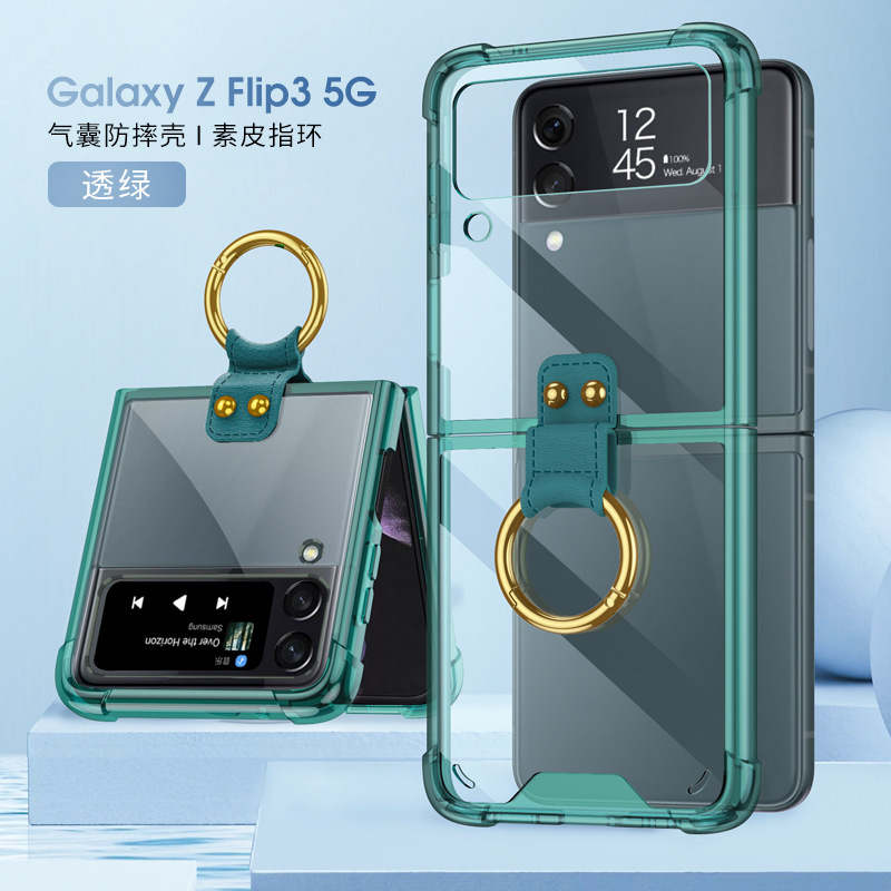Compatible with Samsung Z Flip 4/3 phone case, 5/6 ring, ultra-thin folding transparent minimalist airbag drop-proof protective case