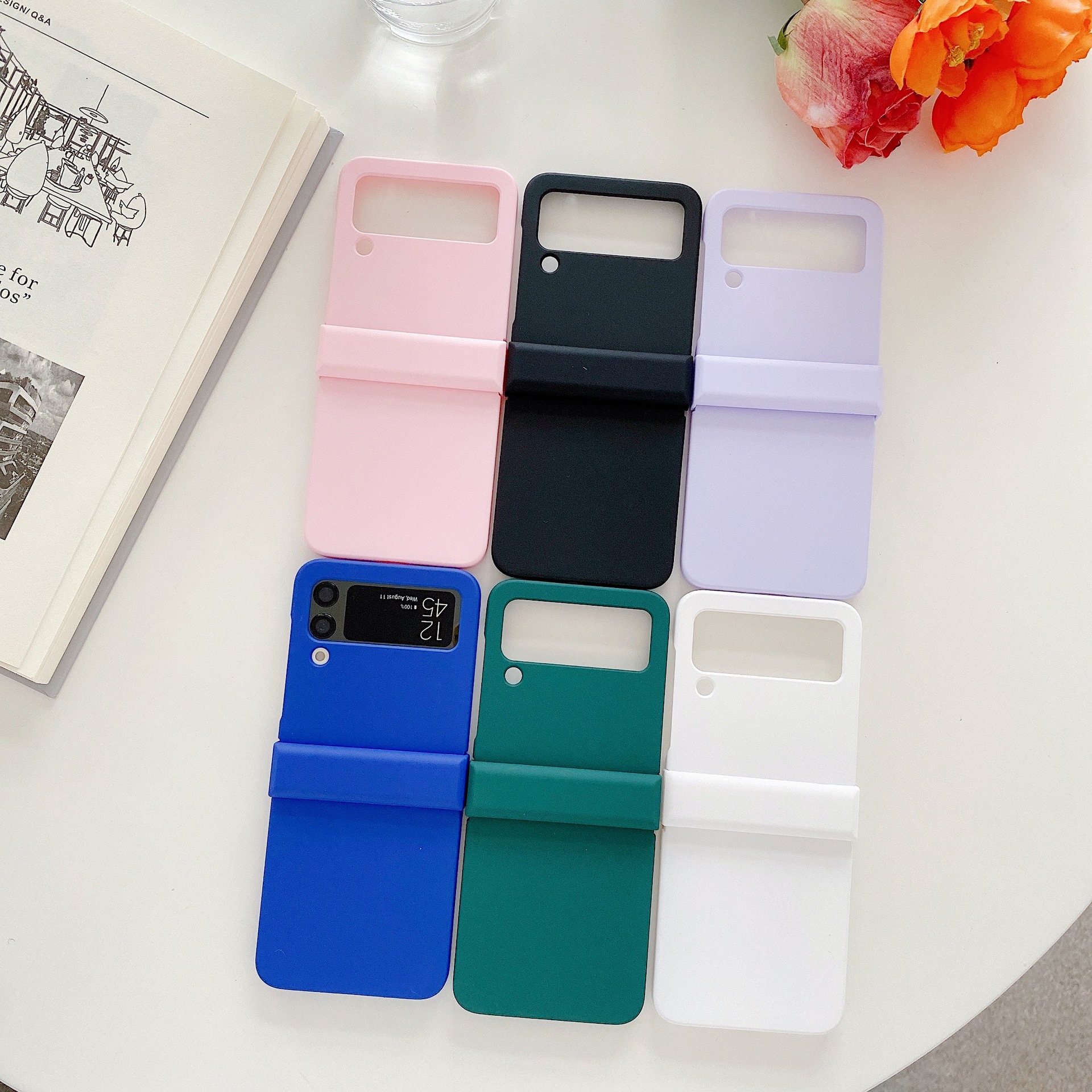 Compatible with Samsung Z Flip 3/4/5/6 phone cases, macaron solid color hinge three-piece set for foldable screen protection.