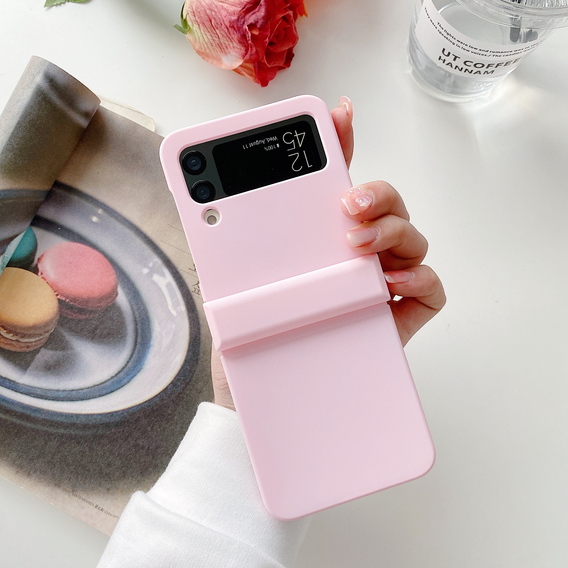 Compatible with Samsung Z Flip 3/4/5/6 phone cases, macaron solid color hinge three-piece set for foldable screen protection.