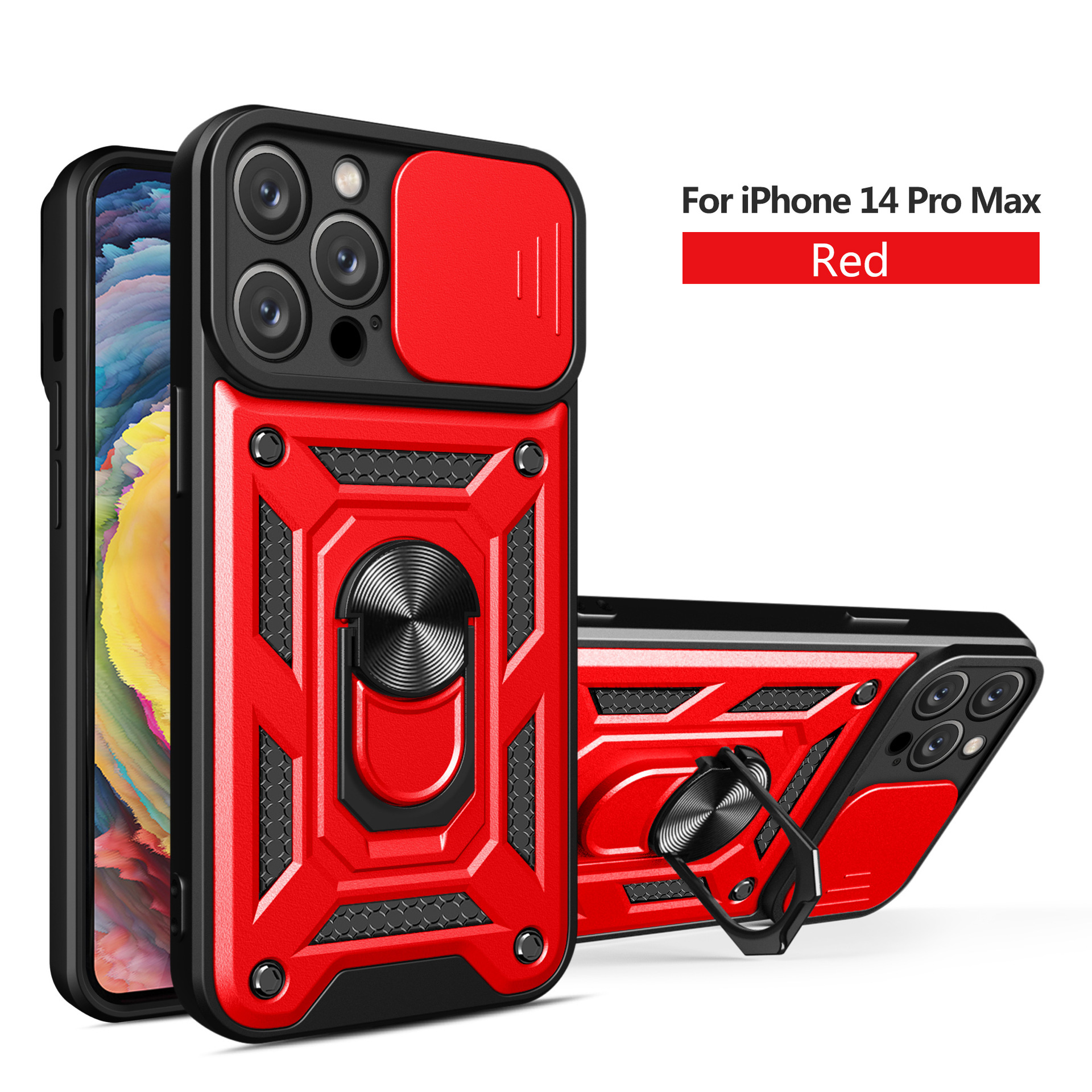 Compatible with Apple 17 Pro Max phone case, 16/15 Plus sliding lens, 14 Pro ring holder protective case