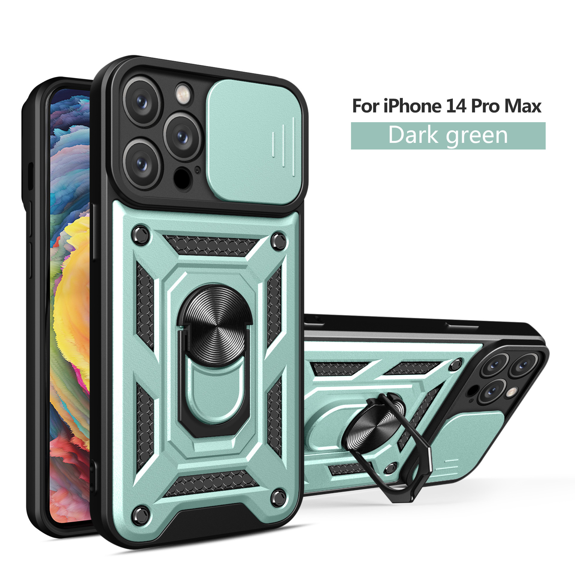 Compatible with Apple 17 Pro Max phone case, 16/15 Plus sliding lens, 14 Pro ring holder protective case
