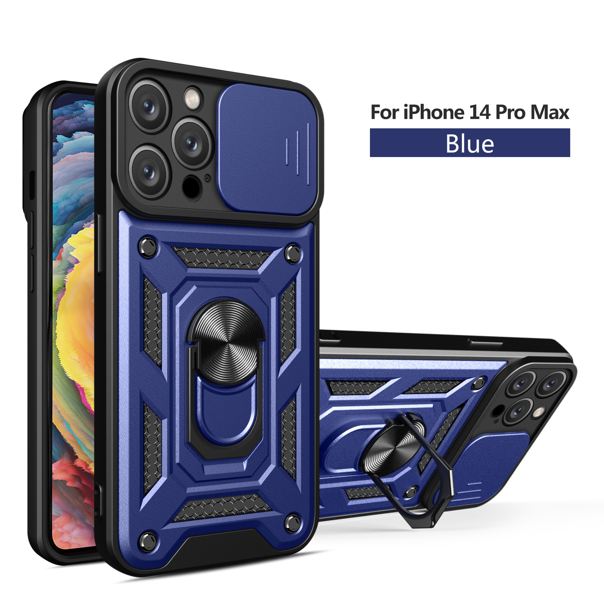 Compatible with Apple 17 Pro Max phone case, 16/15 Plus sliding lens, 14 Pro ring holder protective case