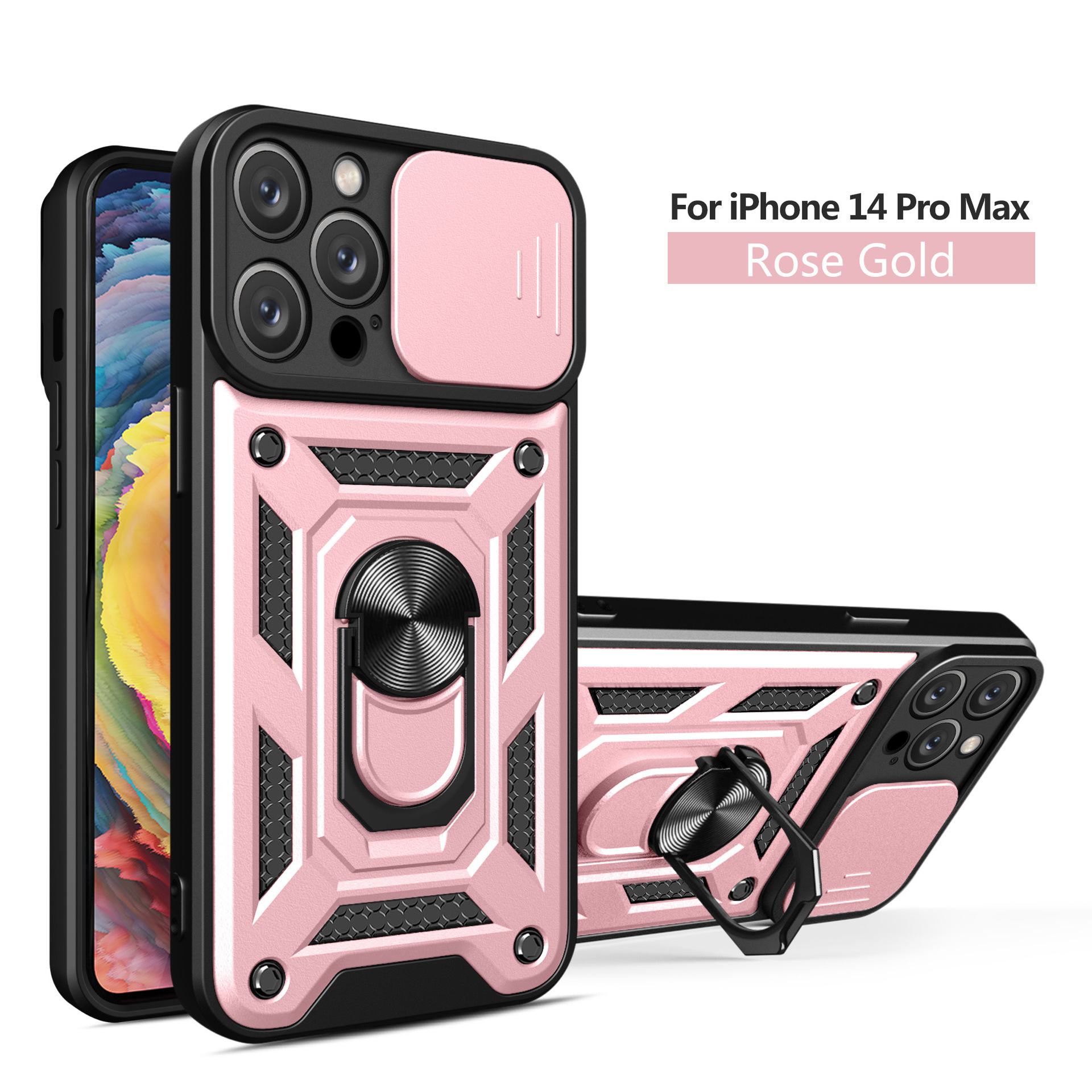 Compatible with Apple 17 Pro Max phone case, 16/15 Plus sliding lens, 14 Pro ring holder protective case