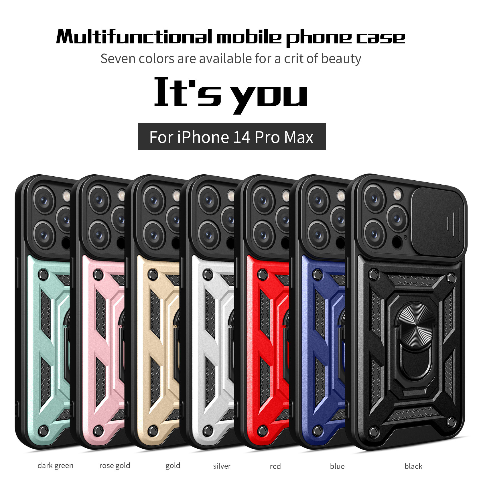 Compatible with Apple 17 Pro Max phone case, 16/15 Plus sliding lens, 14 Pro ring holder protective case