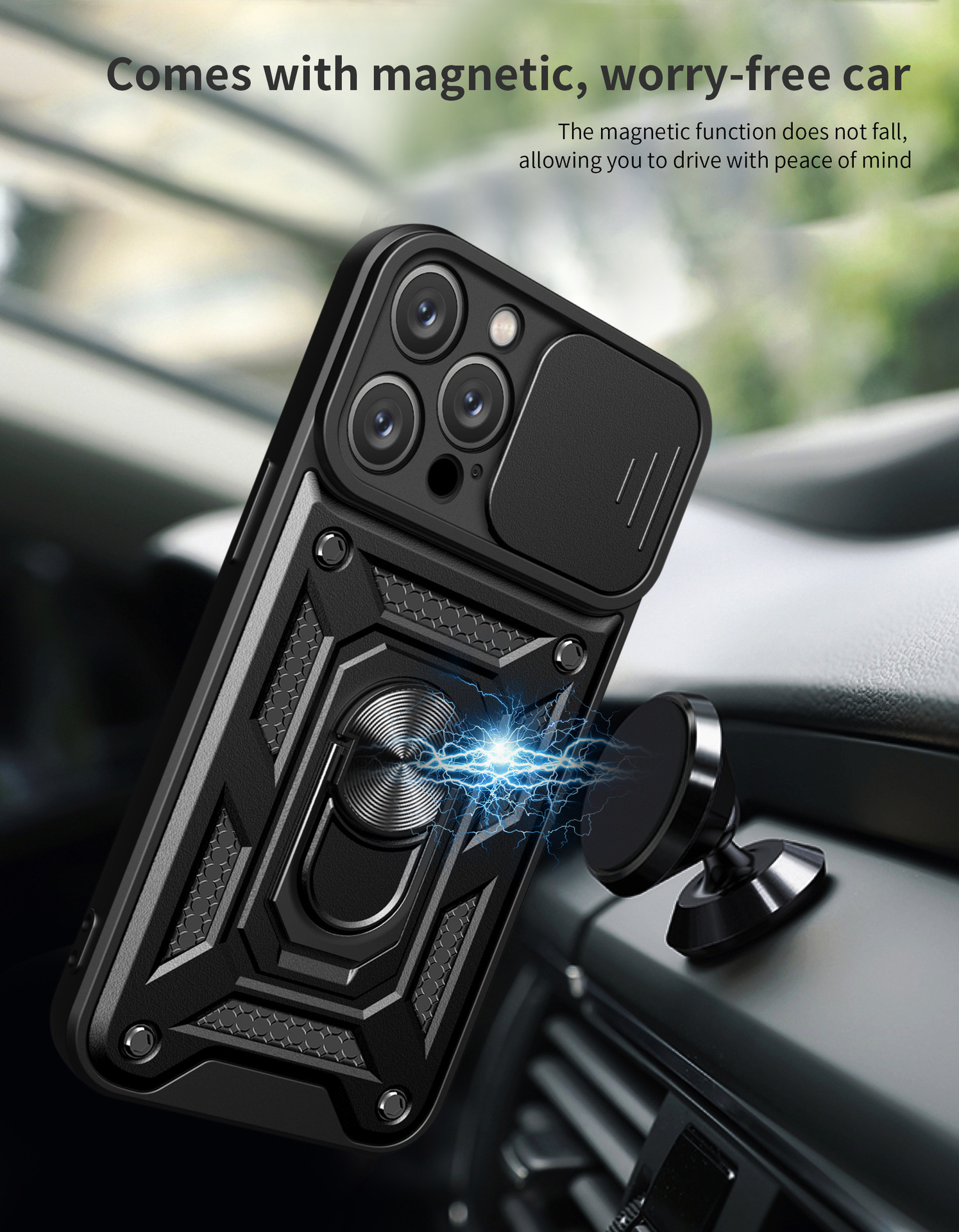 Compatible with Apple 17 Pro Max phone case, 16/15 Plus sliding lens, 14 Pro ring holder protective case