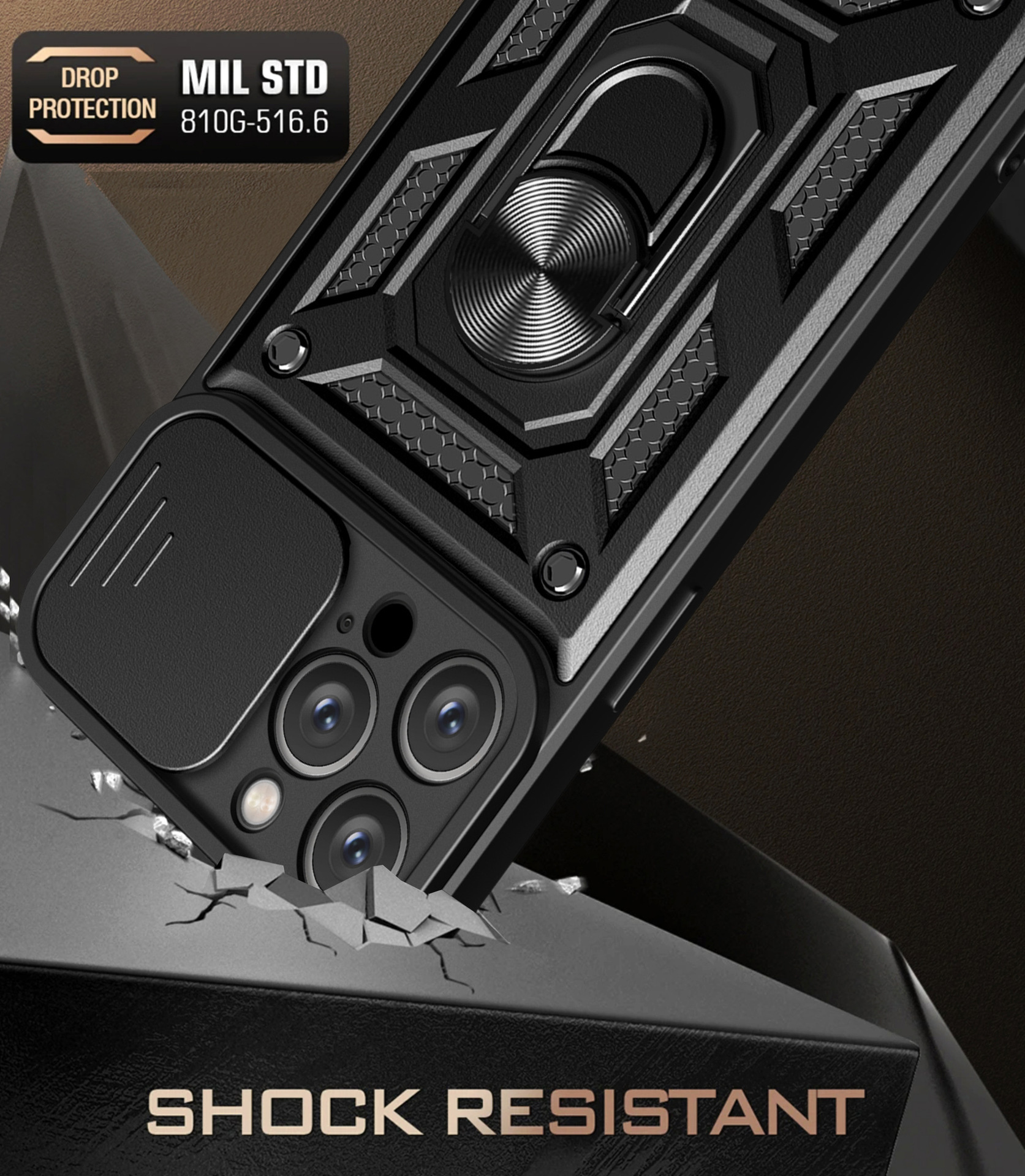 Compatible with Apple 17 Pro Max phone case, 16/15 Plus sliding lens, 14 Pro ring holder protective case