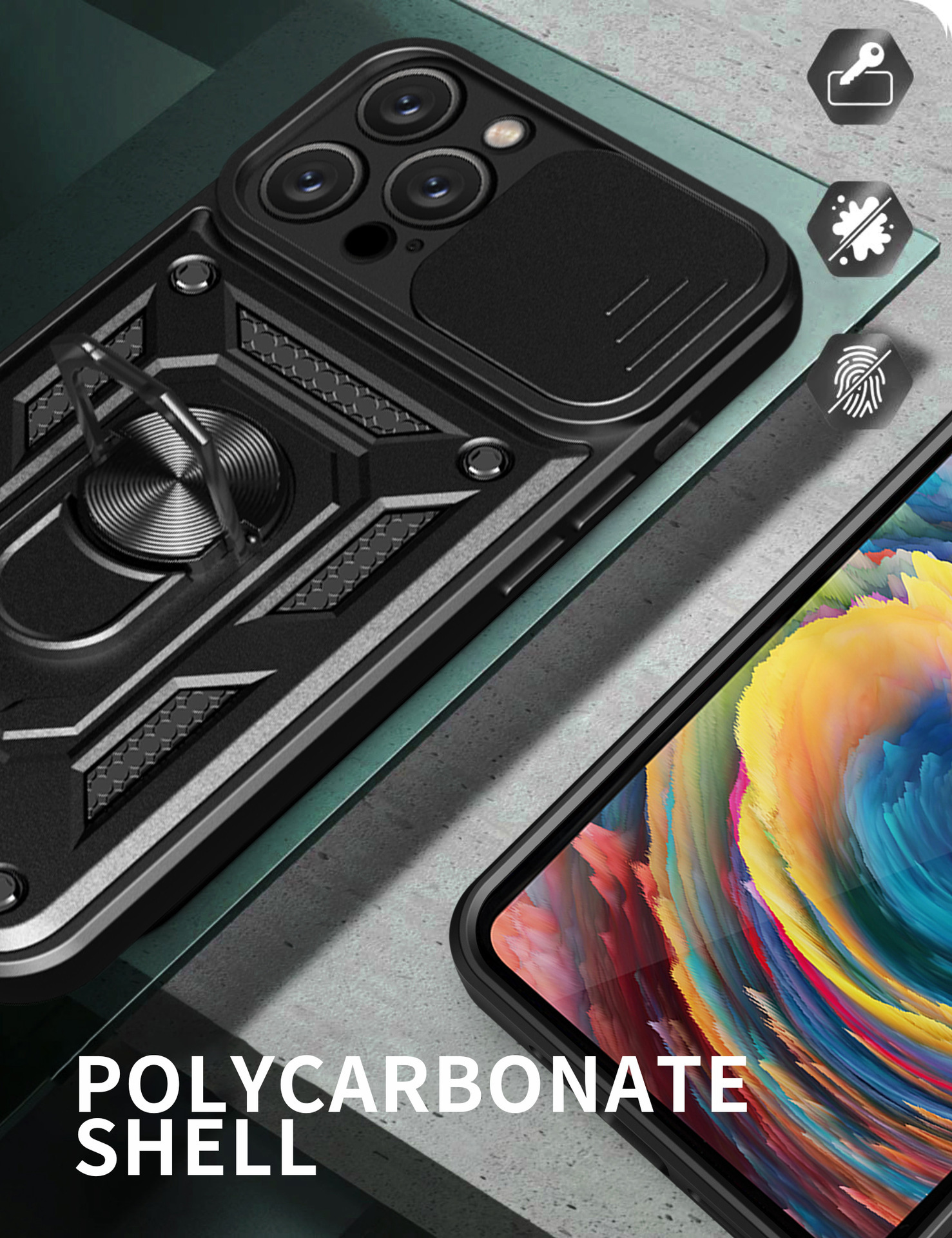 Compatible with Apple 17 Pro Max phone case, 16/15 Plus sliding lens, 14 Pro ring holder protective case