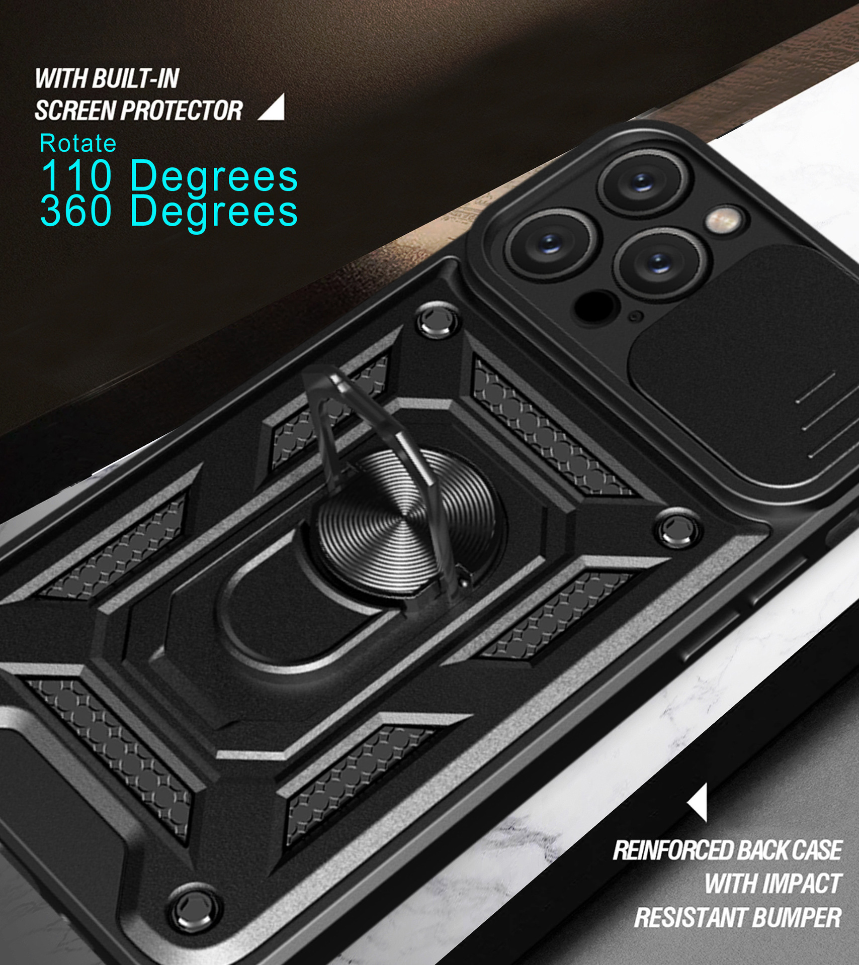 Compatible with Apple 17 Pro Max phone case, 16/15 Plus sliding lens, 14 Pro ring holder protective case