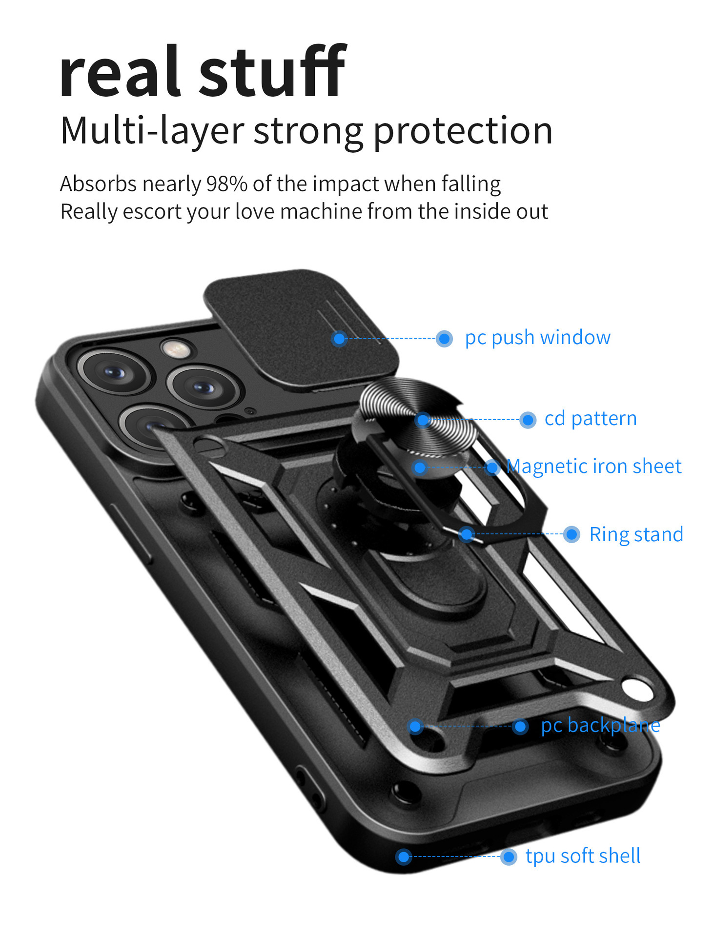 Compatible with Apple 17 Pro Max phone case, 16/15 Plus sliding lens, 14 Pro ring holder protective case
