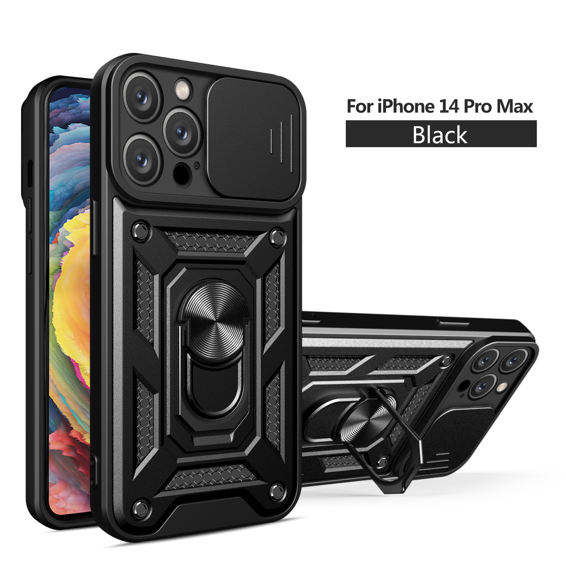 Compatible with Apple 17 Pro Max phone case, 16/15 Plus sliding lens, 14 Pro ring holder protective case