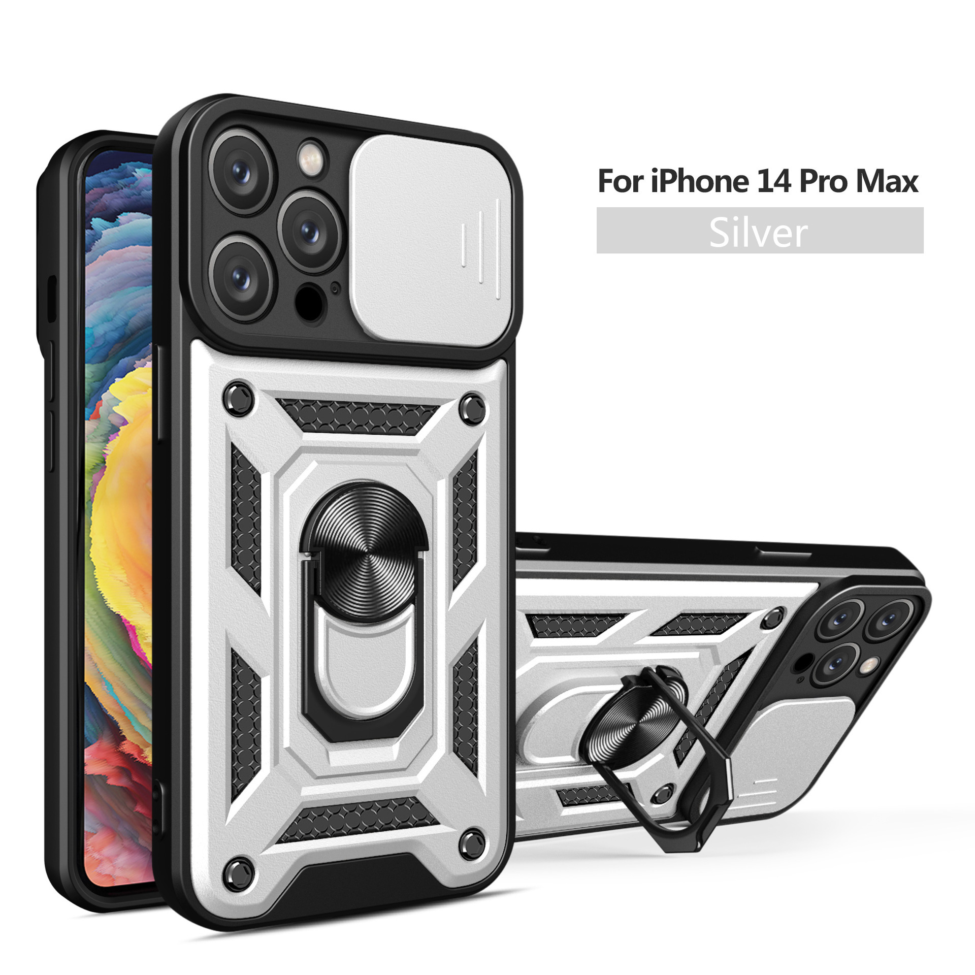 Compatible with Apple 17 Pro Max phone case, 16/15 Plus sliding lens, 14 Pro ring holder protective case