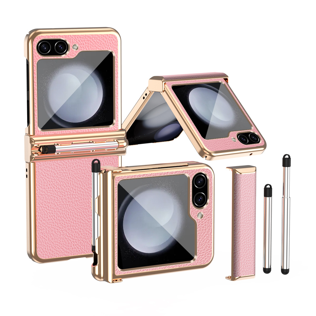 Compatible with Samsung Z Flip 4/3 phone case, 5/6 dual hinge, with S Pen stylus, electroplated leather protective case