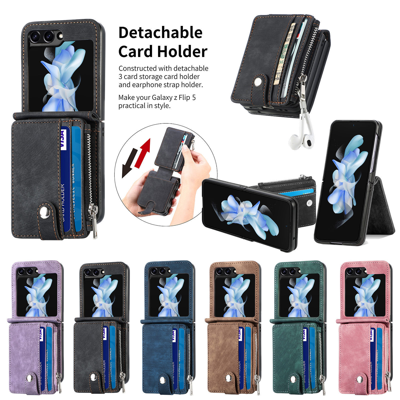 Compatible with Samsung Z Flip 8/7 phone case, 6/5 detachable zipper card holder, integrated 4/3 business drop-proof protective case.
