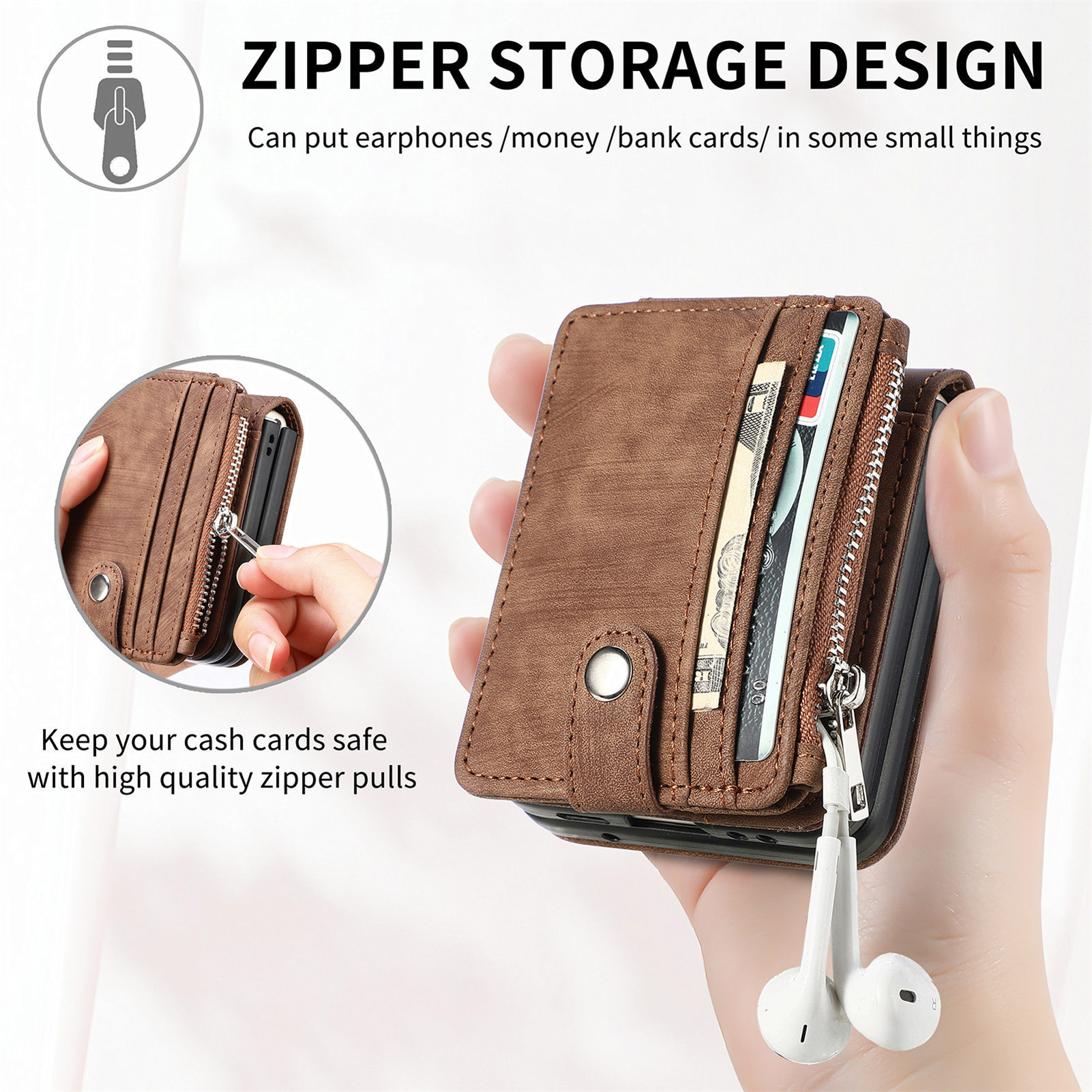 Compatible with Samsung Z Flip 8/7 phone case, 6/5 detachable zipper card holder, integrated 4/3 business drop-proof protective case.