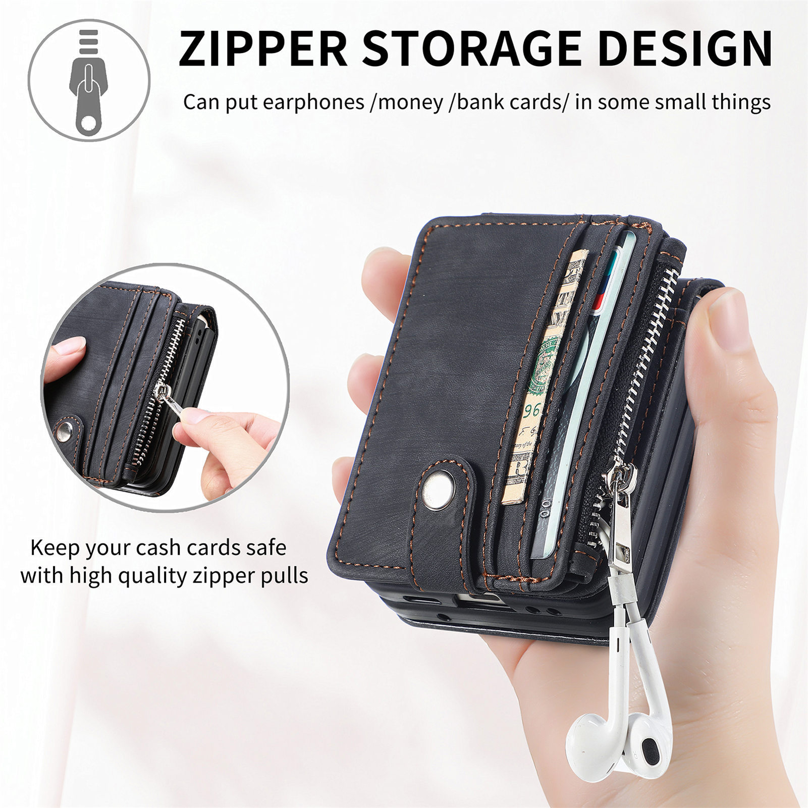 Compatible with Samsung Z Flip 8/7 phone case, 6/5 detachable zipper card holder, integrated 4/3 business drop-proof protective case.