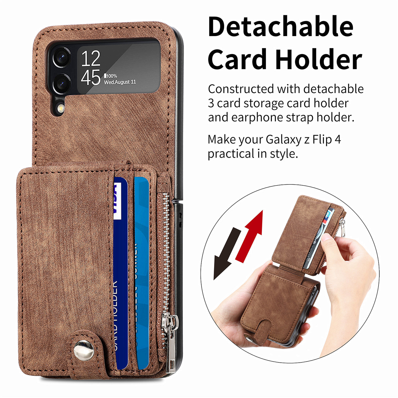 Compatible with Samsung Z Flip 8/7 phone case, 6/5 detachable zipper card holder, integrated 4/3 business drop-proof protective case.