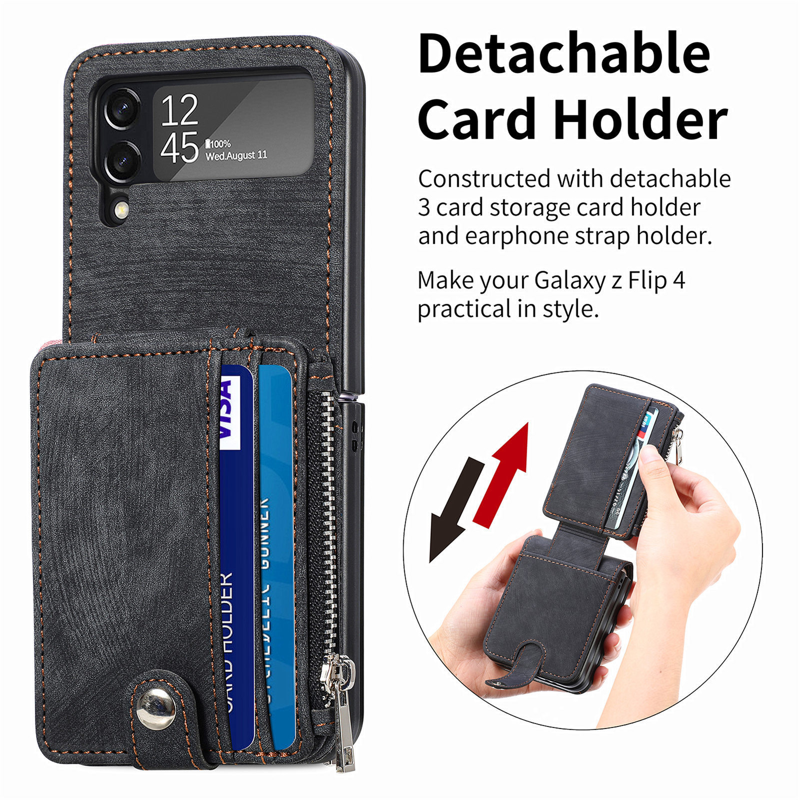 Compatible with Samsung Z Flip 8/7 phone case, 6/5 detachable zipper card holder, integrated 4/3 business drop-proof protective case.