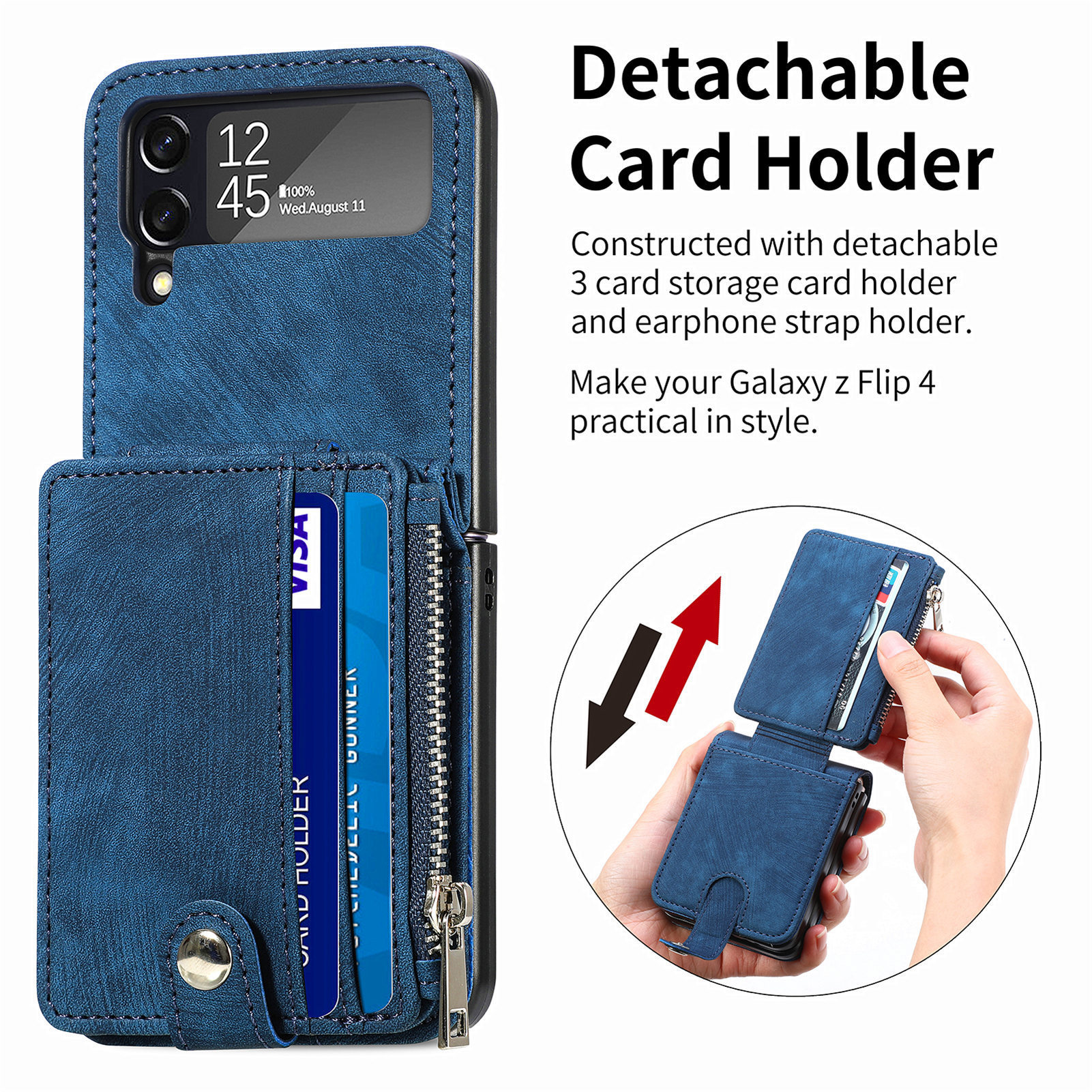 Compatible with Samsung Z Flip 8/7 phone case, 6/5 detachable zipper card holder, integrated 4/3 business drop-proof protective case.