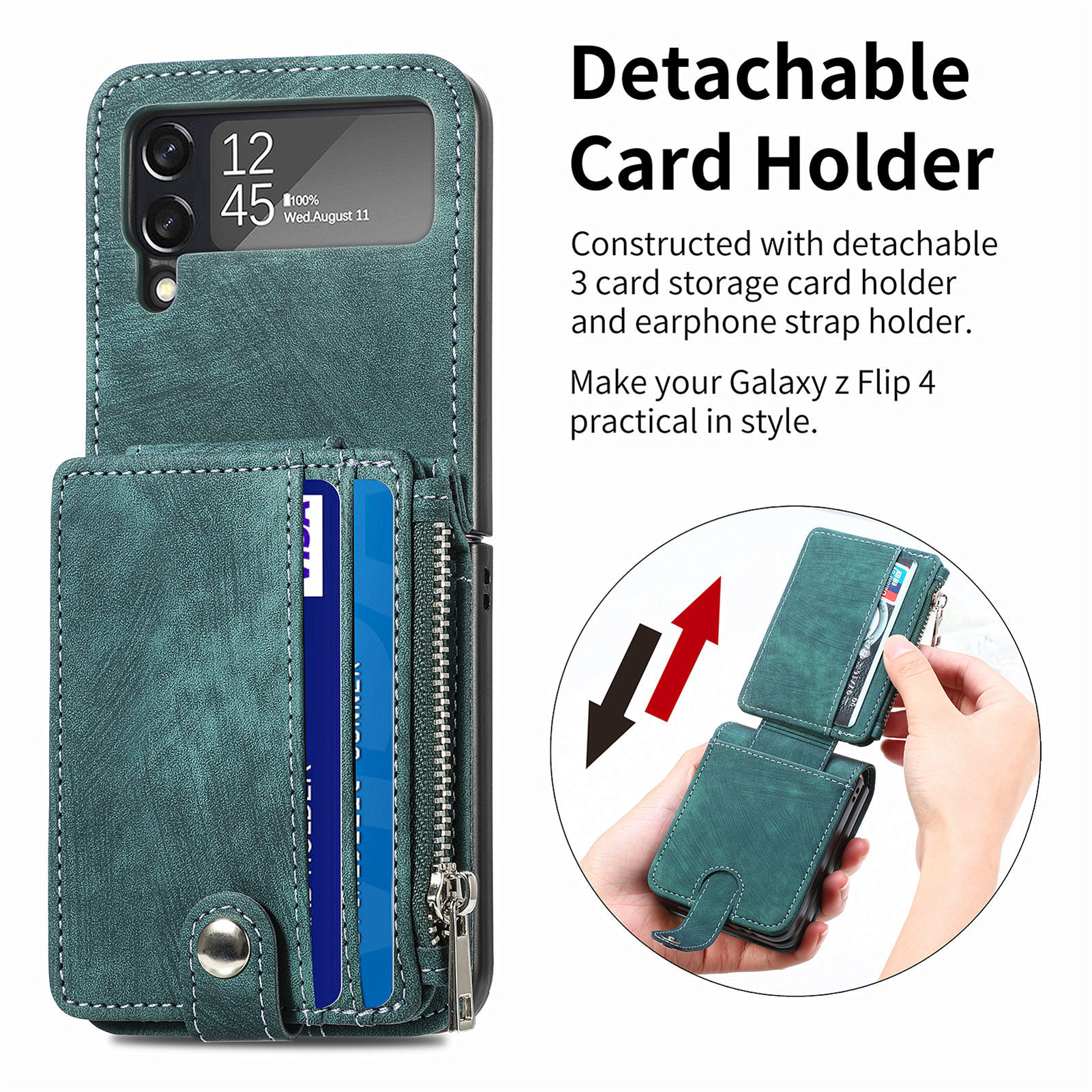 Compatible with Samsung Z Flip 8/7 phone case, 6/5 detachable zipper card holder, integrated 4/3 business drop-proof protective case.