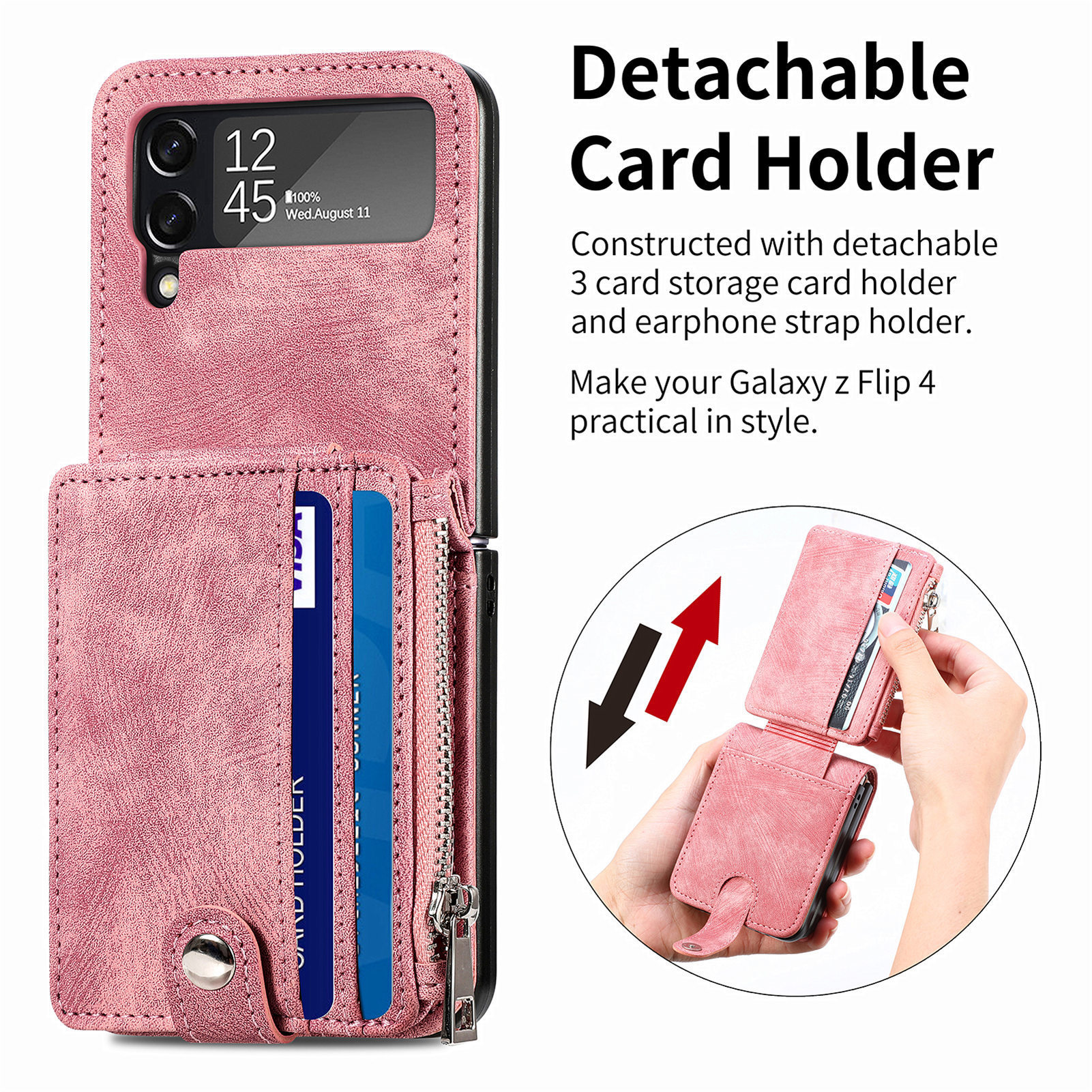 Compatible with Samsung Z Flip 8/7 phone case, 6/5 detachable zipper card holder, integrated 4/3 business drop-proof protective case.