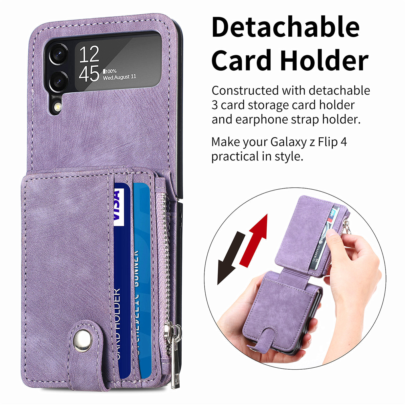 Compatible with Samsung Z Flip 8/7 phone case, 6/5 detachable zipper card holder, integrated 4/3 business drop-proof protective case.