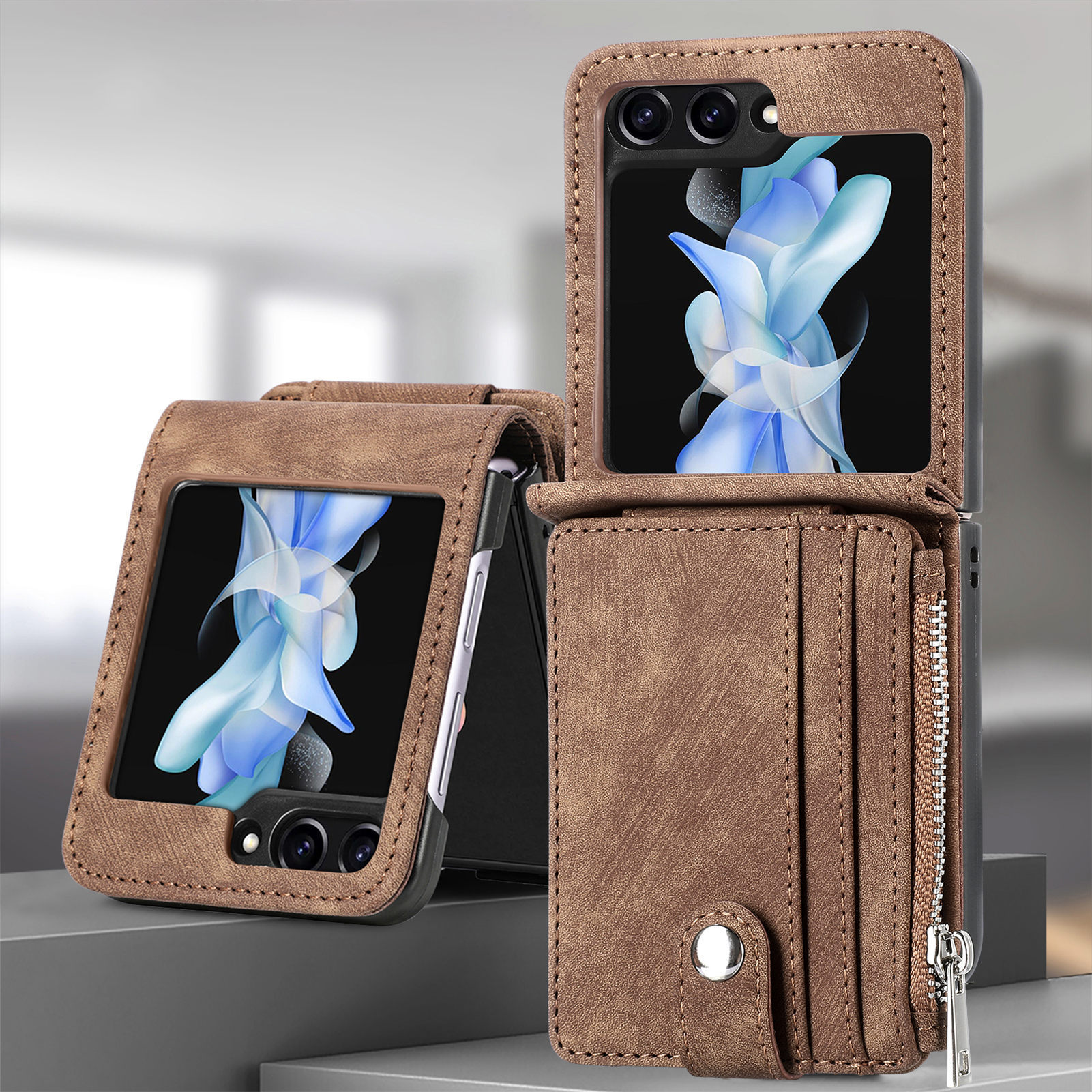 Compatible with Samsung Z Flip 8/7 phone case, 6/5 detachable zipper card holder, integrated 4/3 business drop-proof protective case.
