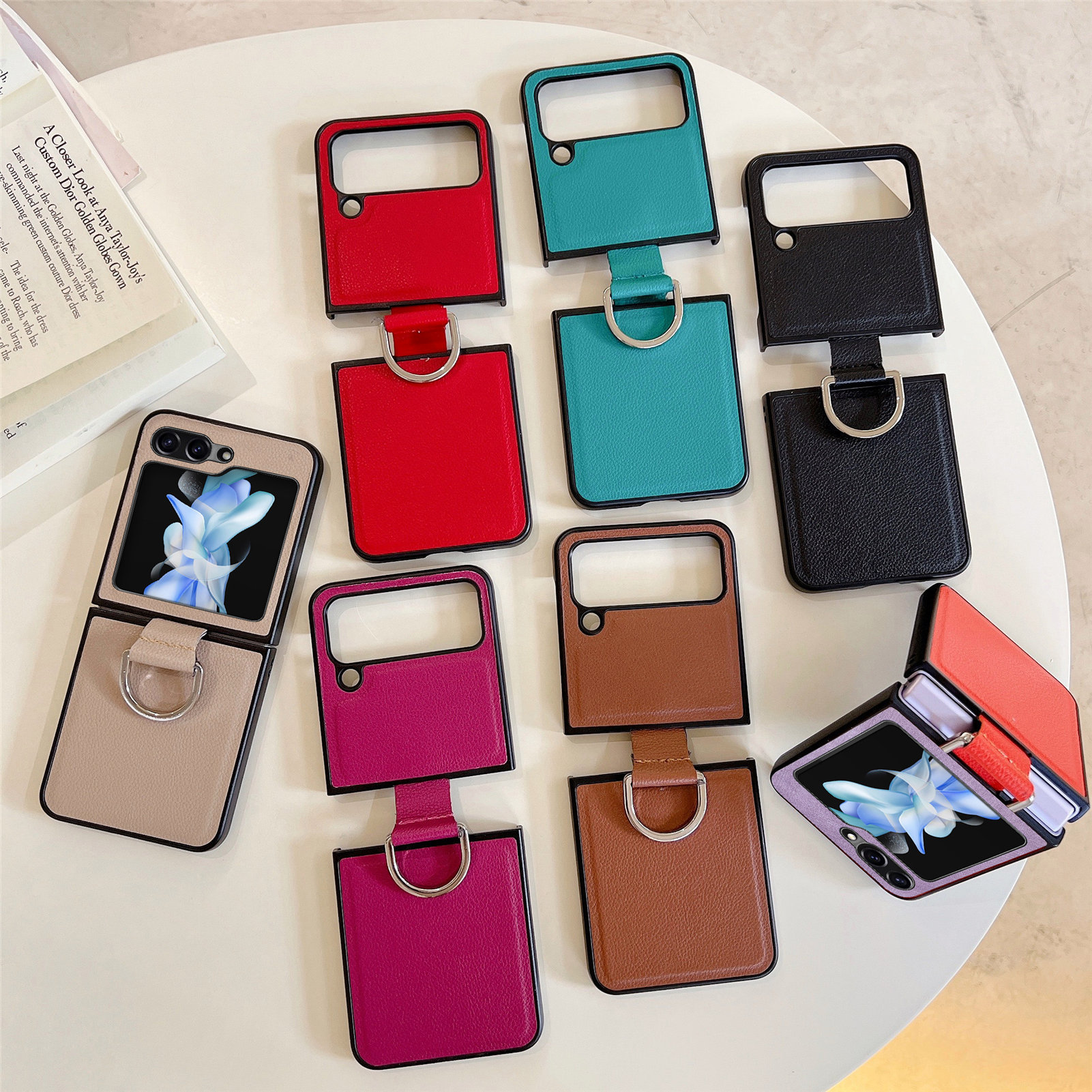 Compatible with Samsung Z Flip 8/7 phone case, 6/5 pebbled leather texture ring, 4/3 folding screen drop protection case