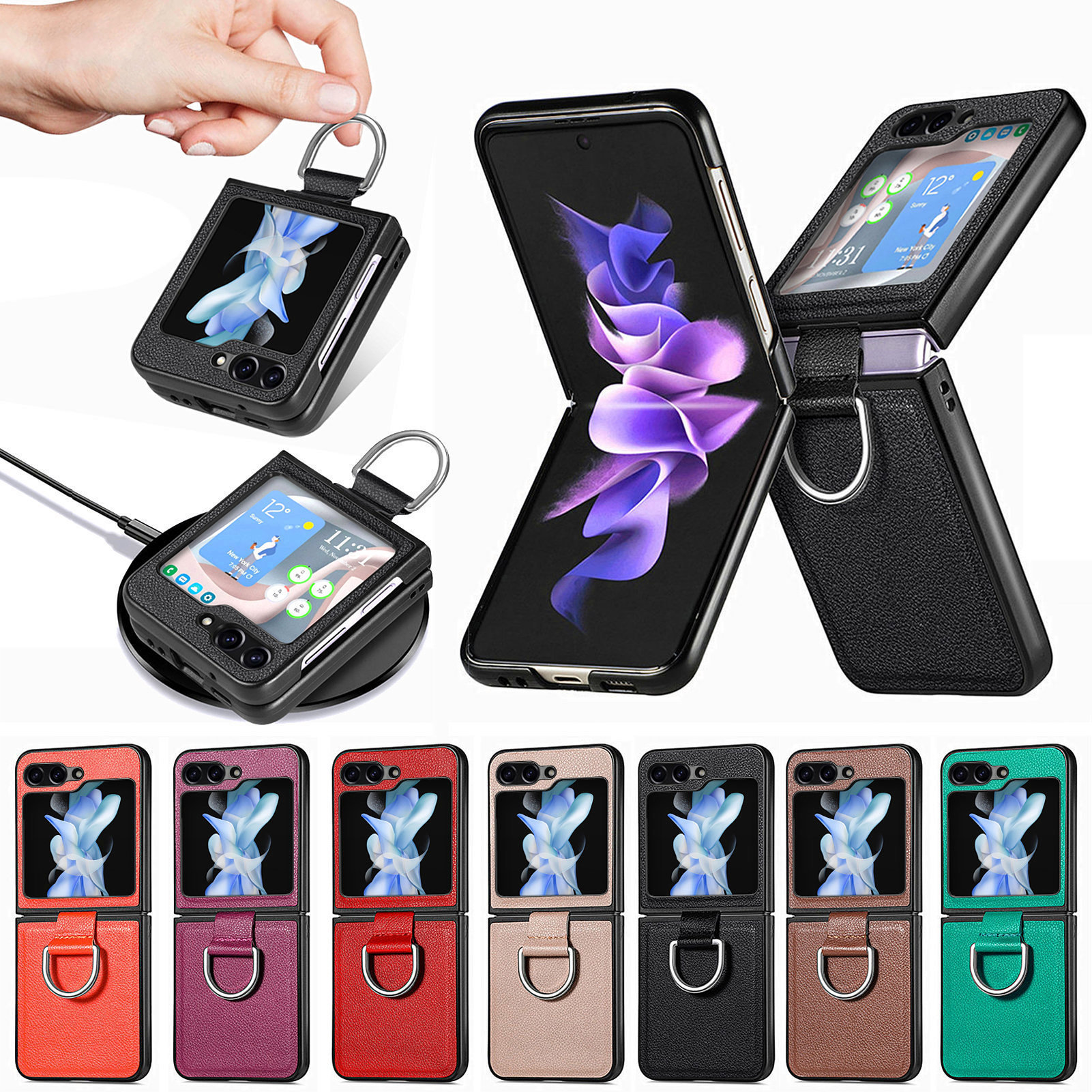 Compatible with Samsung Z Flip 8/7 phone case, 6/5 pebbled leather texture ring, 4/3 folding screen drop protection case