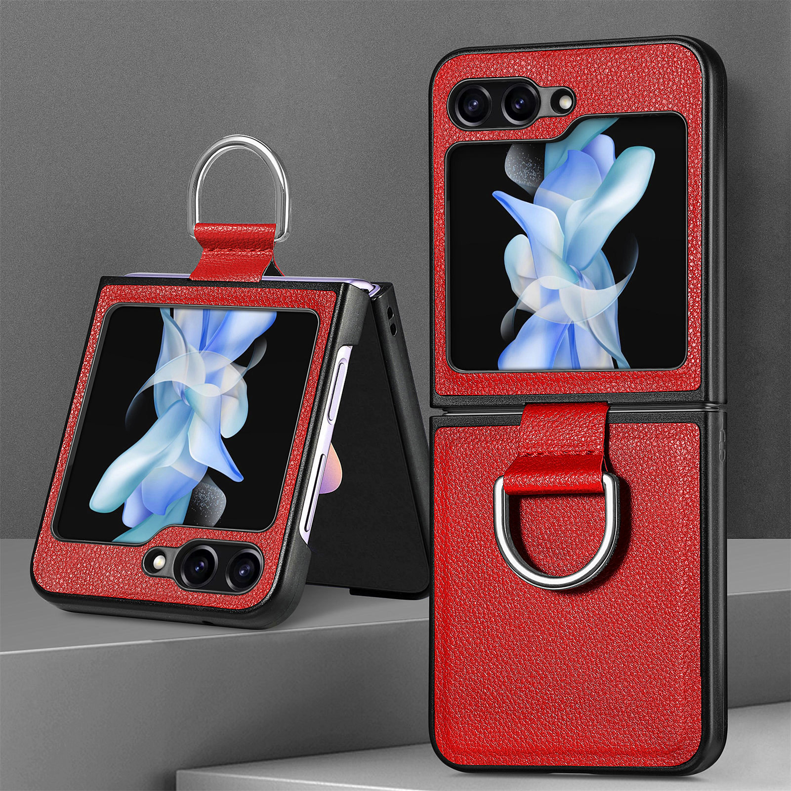 Compatible with Samsung Z Flip 8/7 phone case, 6/5 pebbled leather texture ring, 4/3 folding screen drop protection case