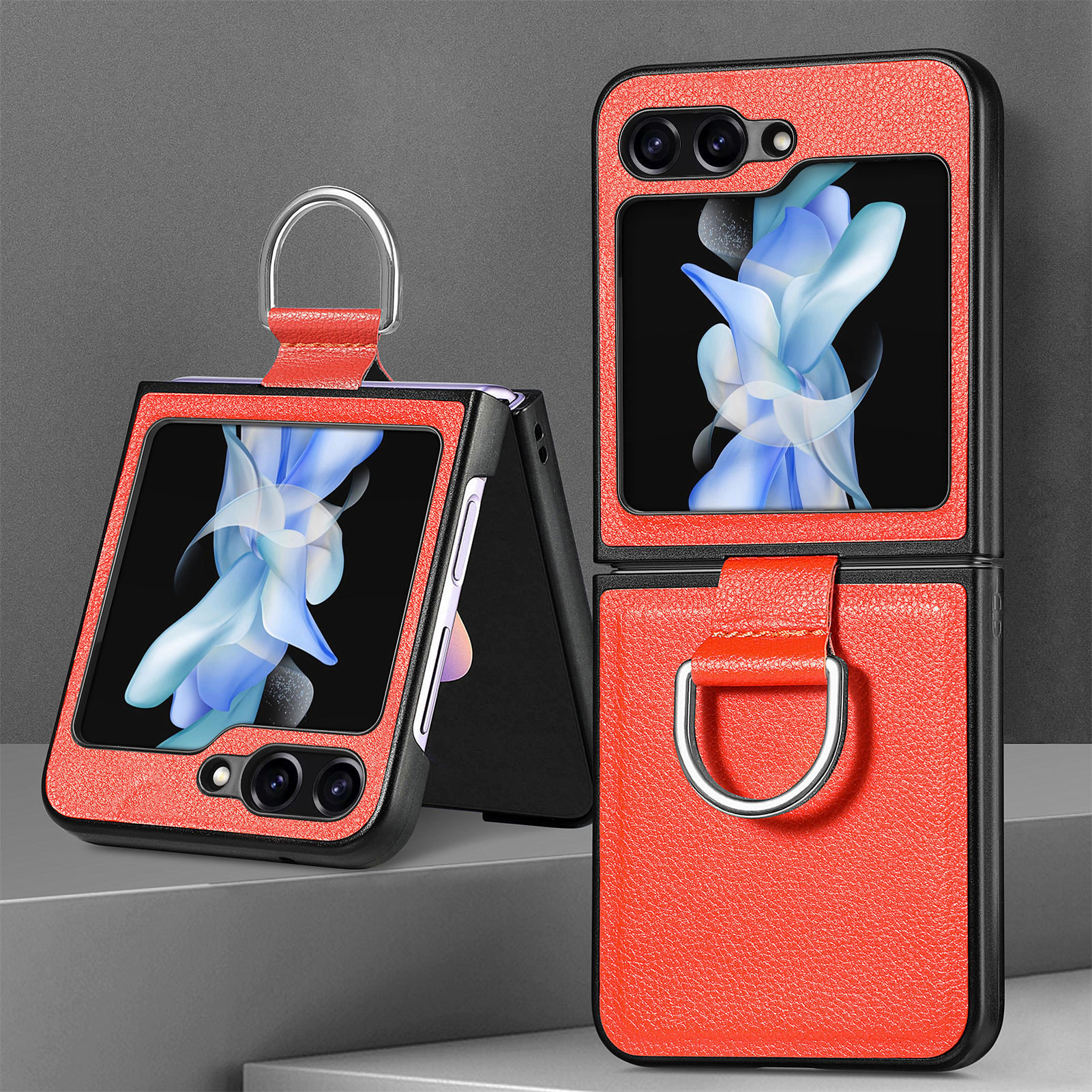 Compatible with Samsung Z Flip 8/7 phone case, 6/5 pebbled leather texture ring, 4/3 folding screen drop protection case