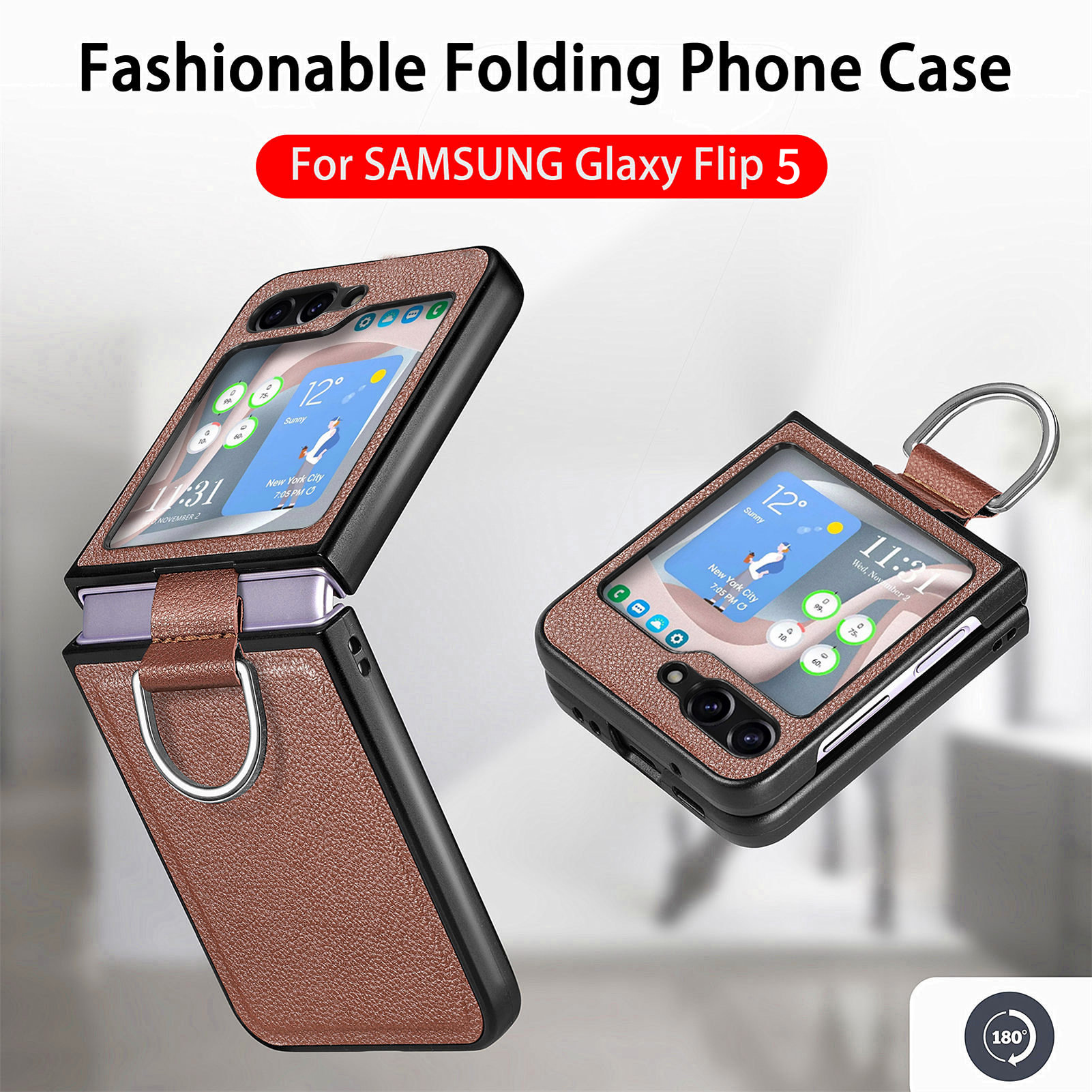 Compatible with Samsung Z Flip 8/7 phone case, 6/5 pebbled leather texture ring, 4/3 folding screen drop protection case